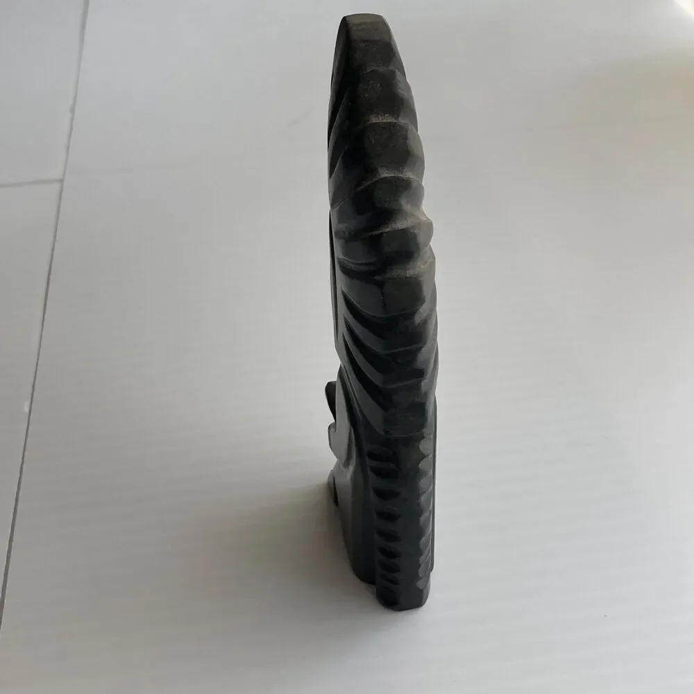 Hand-carved Aztec Head with Headdress Statue Black Obsidian 5 x 2 x 0.75 inches